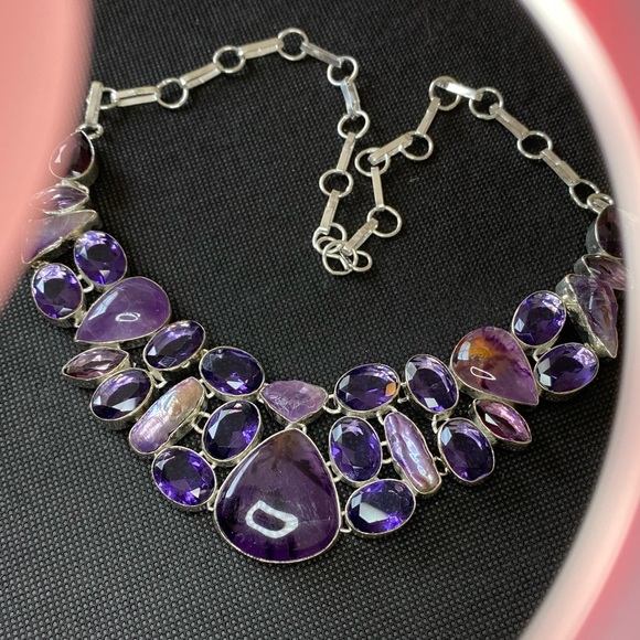 Charoite Necklace with Faceted Amethyst, Charoite and Biwa Pearl Bib Necklace - Picture 12 of 16